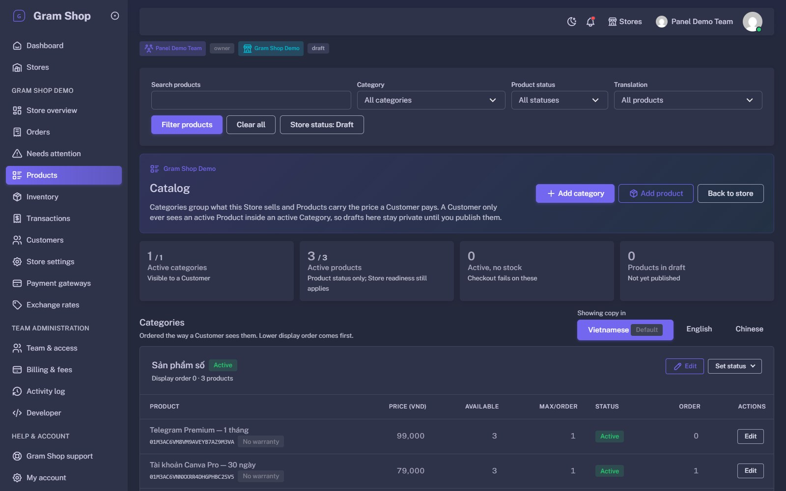 GramShop catalogue for a Telegram store, listing digital products with price, available units and status