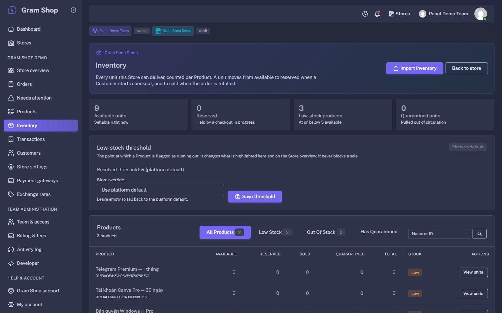 Inventory screen with available, reserved, low-stock and quarantined unit counts, a low-stock threshold setting, and per-product unit breakdown