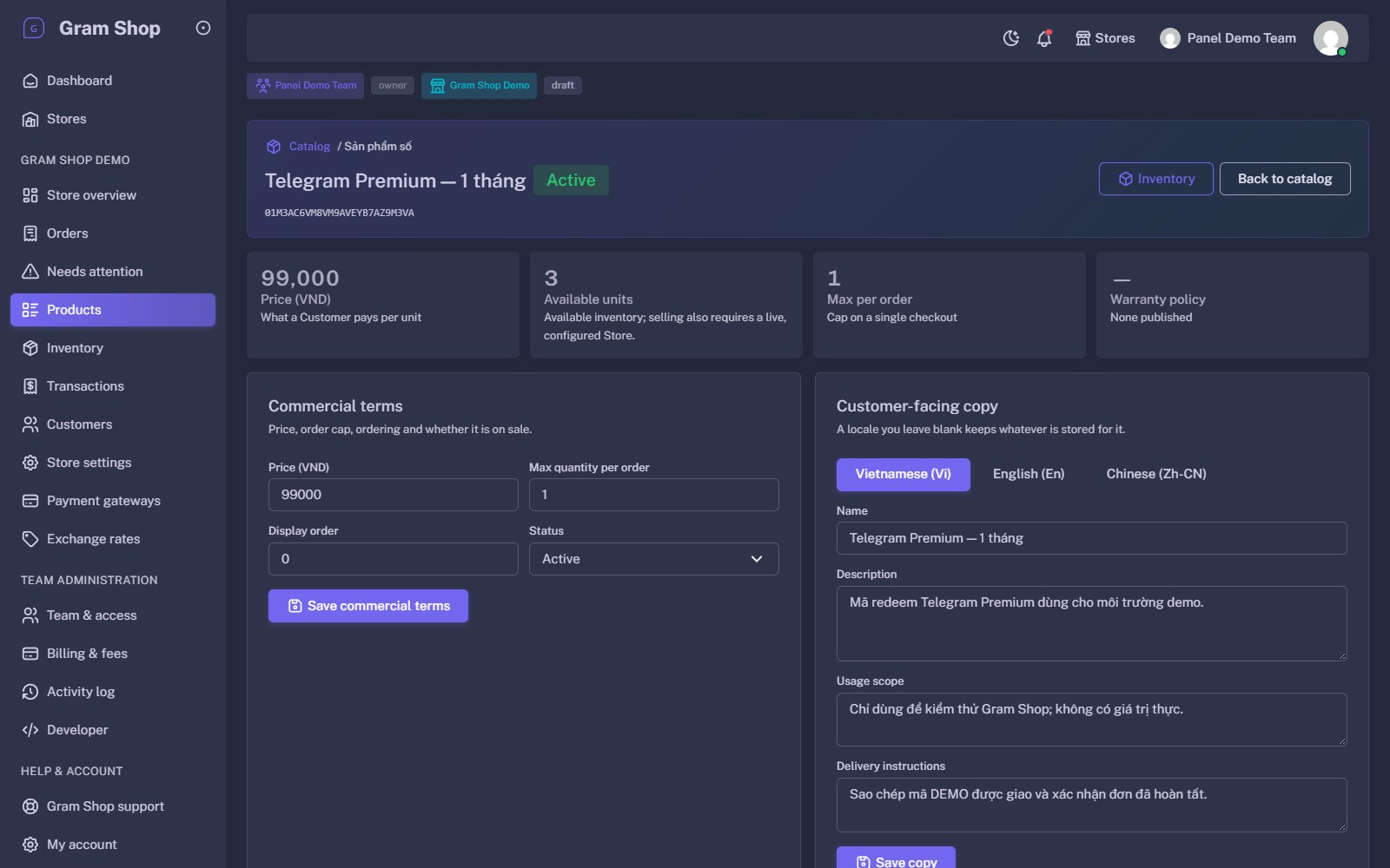 Product detail with price, available units and max per order, commercial terms form, and customer-facing copy in Vietnamese, English and Chinese tabs