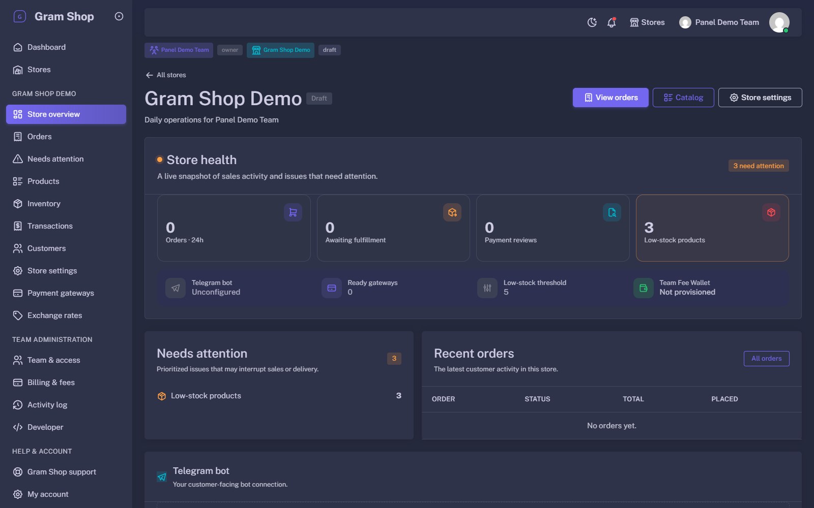 Store overview with a store health panel: orders in 24 hours, awaiting fulfilment, payment reviews, low-stock products, and the bot, gateway and fee wallet setup state