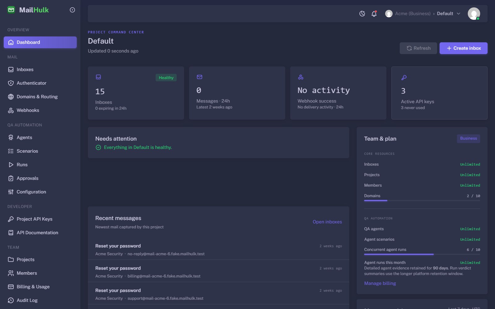 Project dashboard with inbox, message, webhook and API key counts, a needs-attention panel, recent messages and the team plan