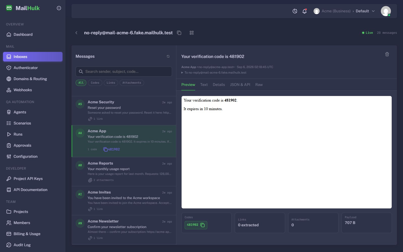 MailHulk inbox view showing a captured verification email with the six-digit code extracted beside it