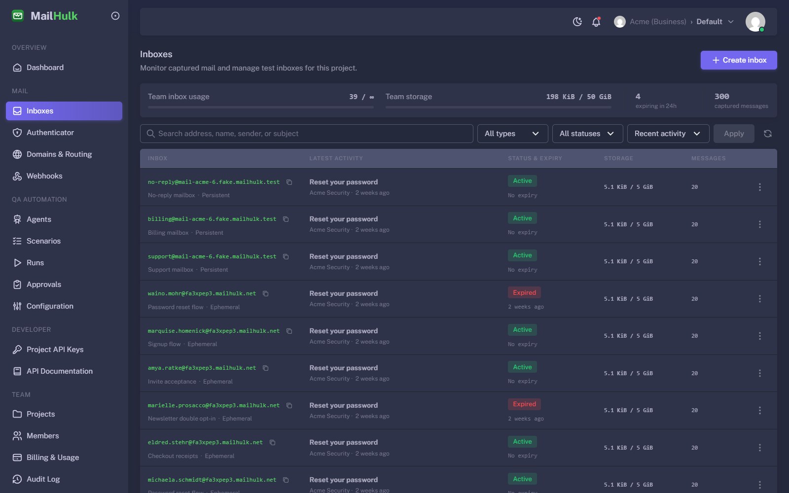 Inbox list for a project: address, latest message, status and expiry, storage used and message count per inbox