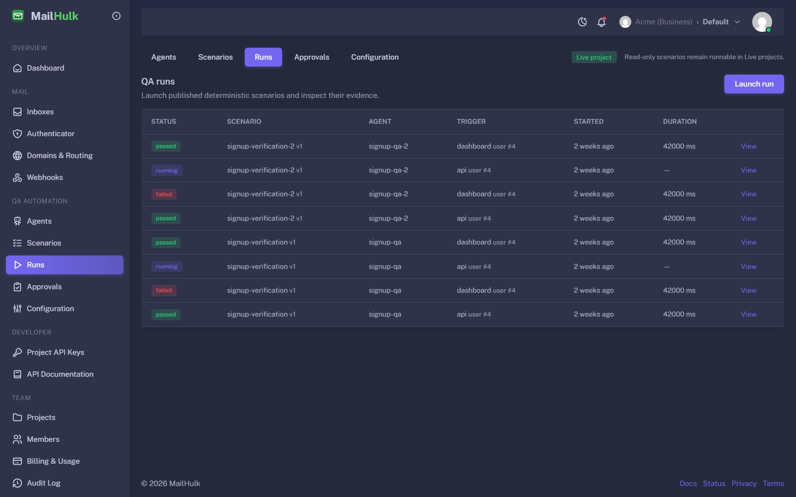 QA runs table listing scenario runs with passed, running and failed status, the agent and trigger, and duration