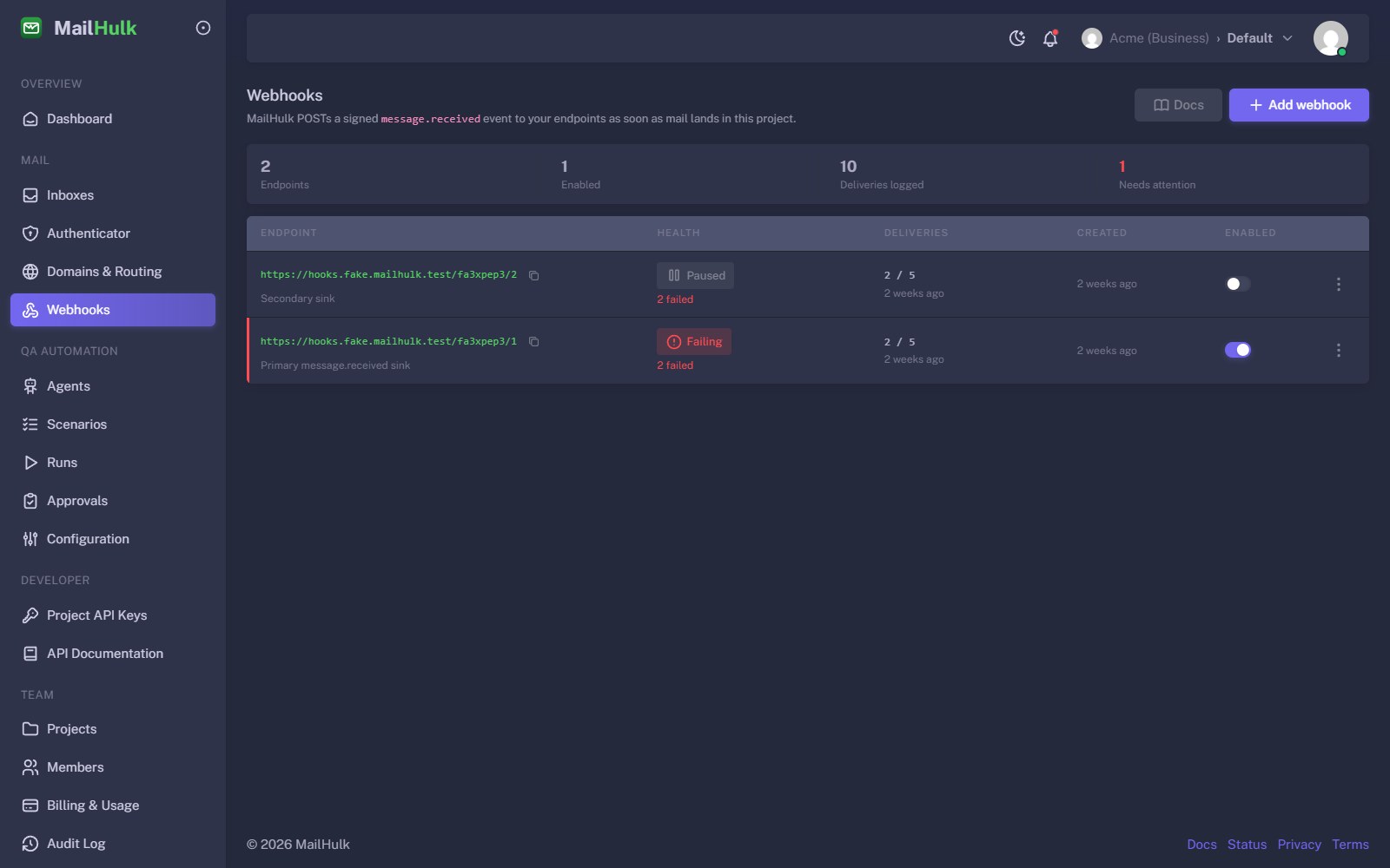 Webhook endpoints with health, delivery counts and an enabled toggle; one endpoint flagged as failing