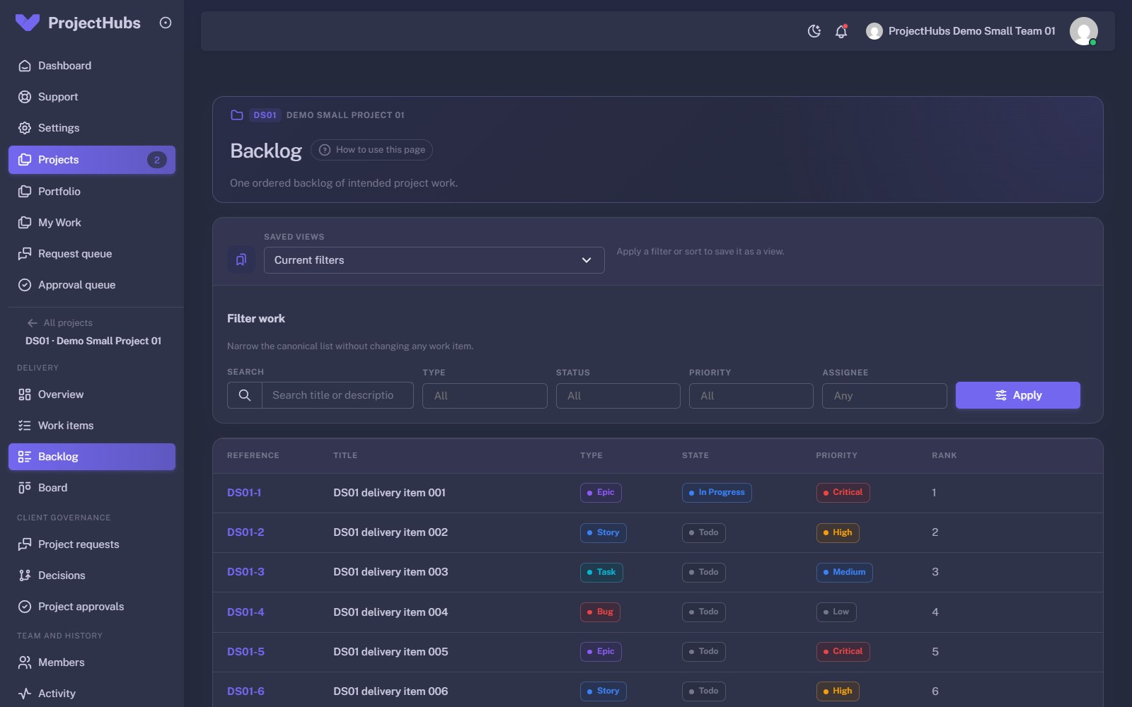 Ordered backlog with saved views, a filter bar, and rows showing reference, title, type, state, priority and rank