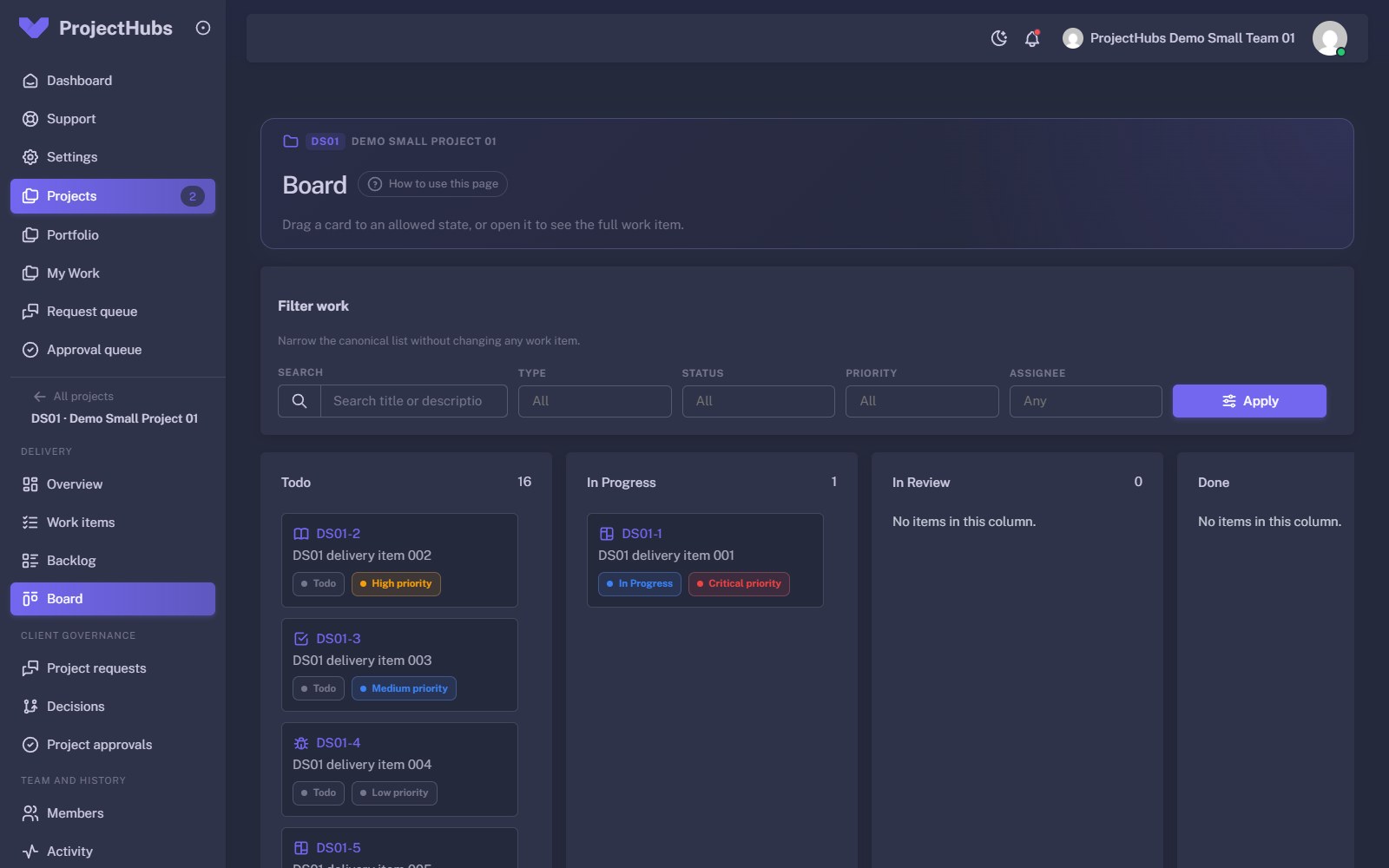 ProjectHubs delivery board with work items in Todo, In Progress, In Review and Done columns