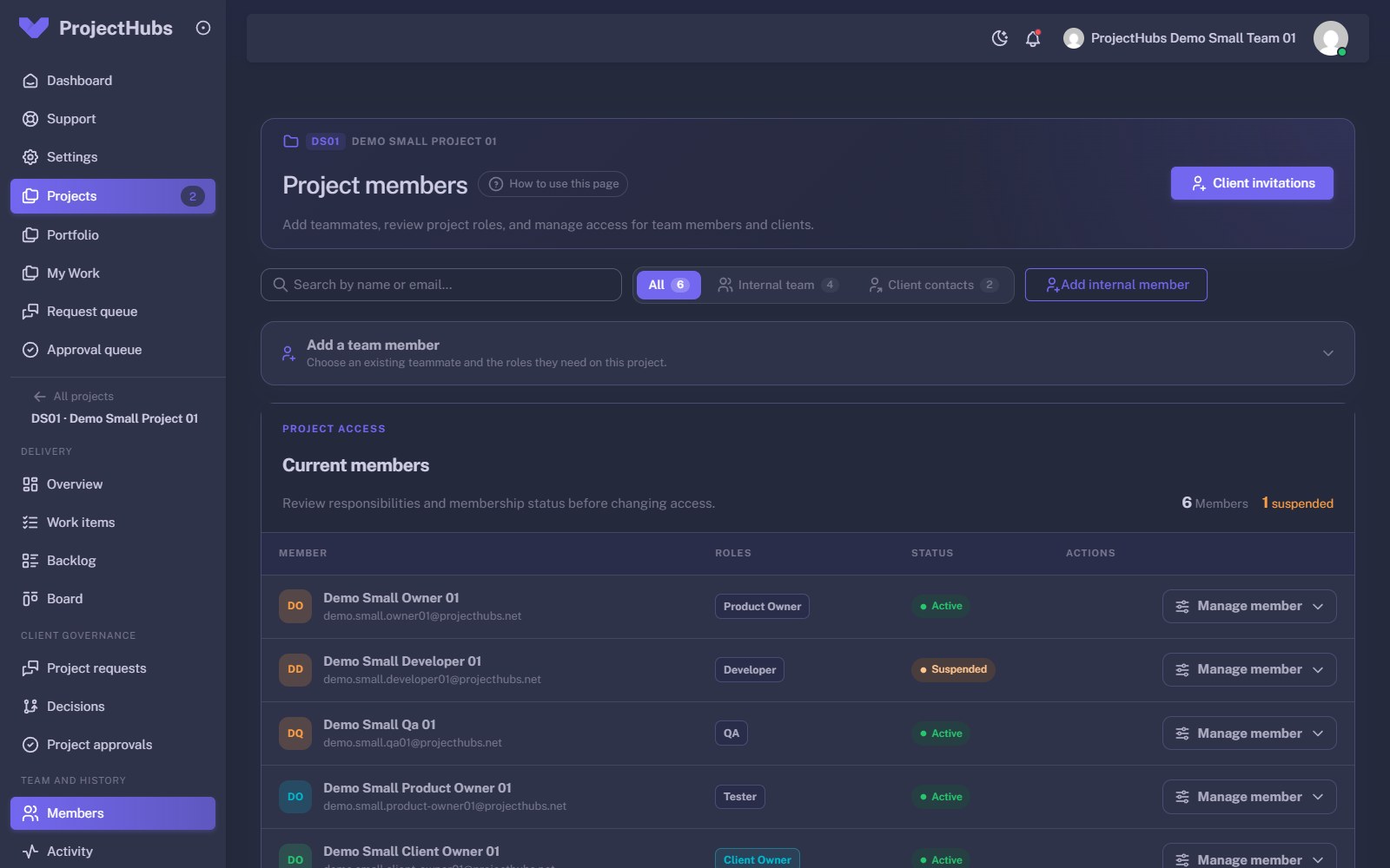 Project members list with internal team and client contact filters, each member's project role and status, and a manage member action
