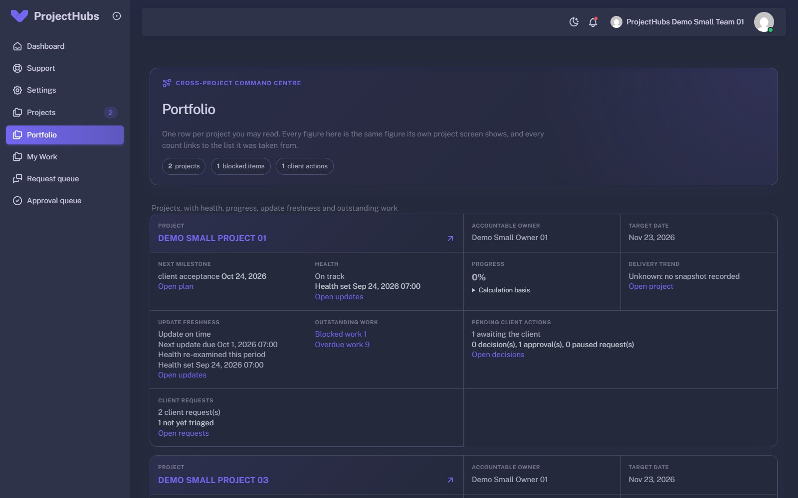 Portfolio view listing projects with owner, target date, next milestone, health, progress with calculation basis, update freshness and pending client actions