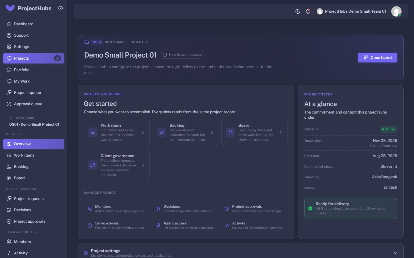 Project overview hub with links to work items, backlog, board and client governance, and an at-a-glance panel showing lifecycle, dates and commercial phase